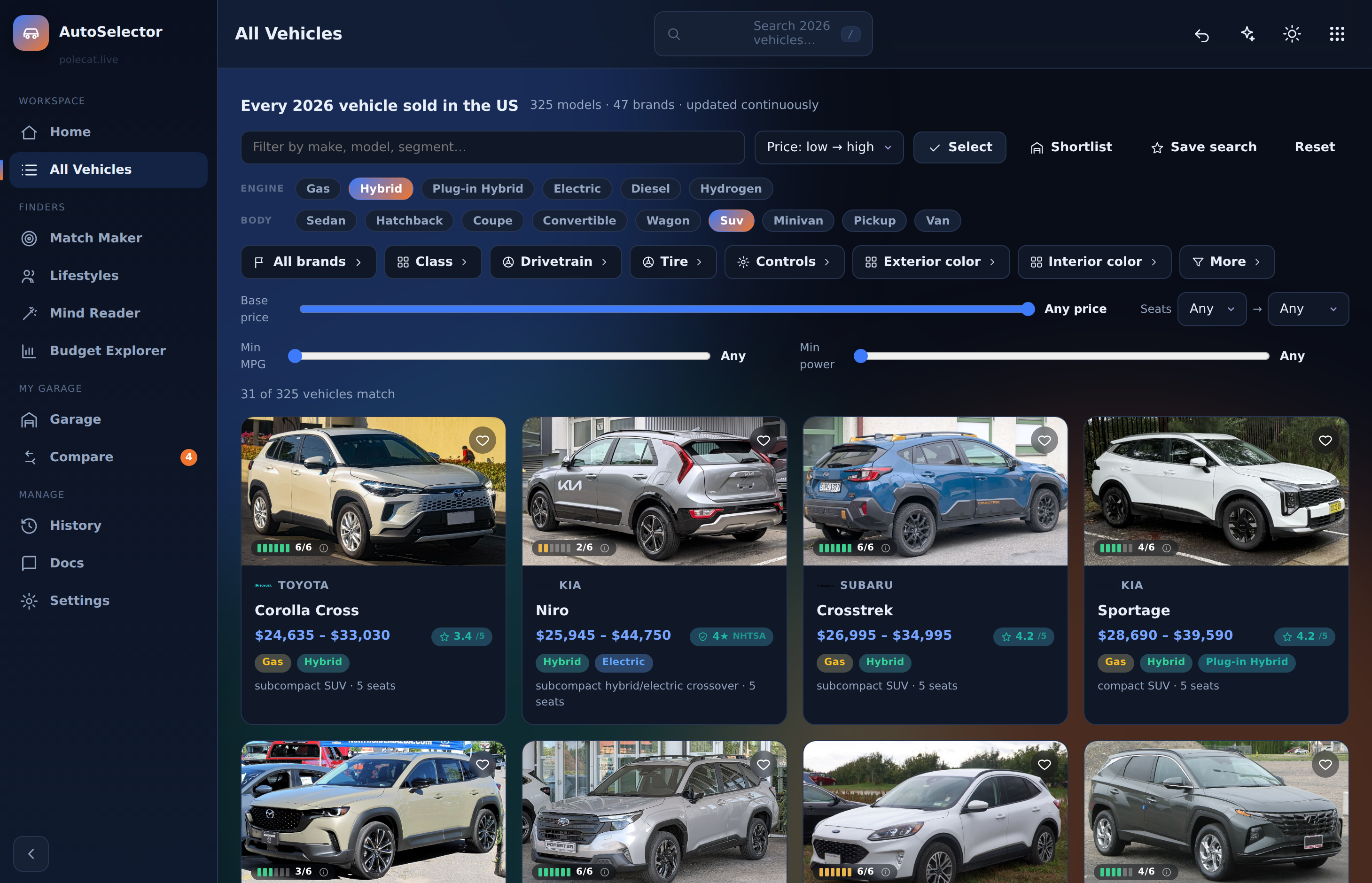 All Vehicles with hybrid, SUV and climate-knob filters active