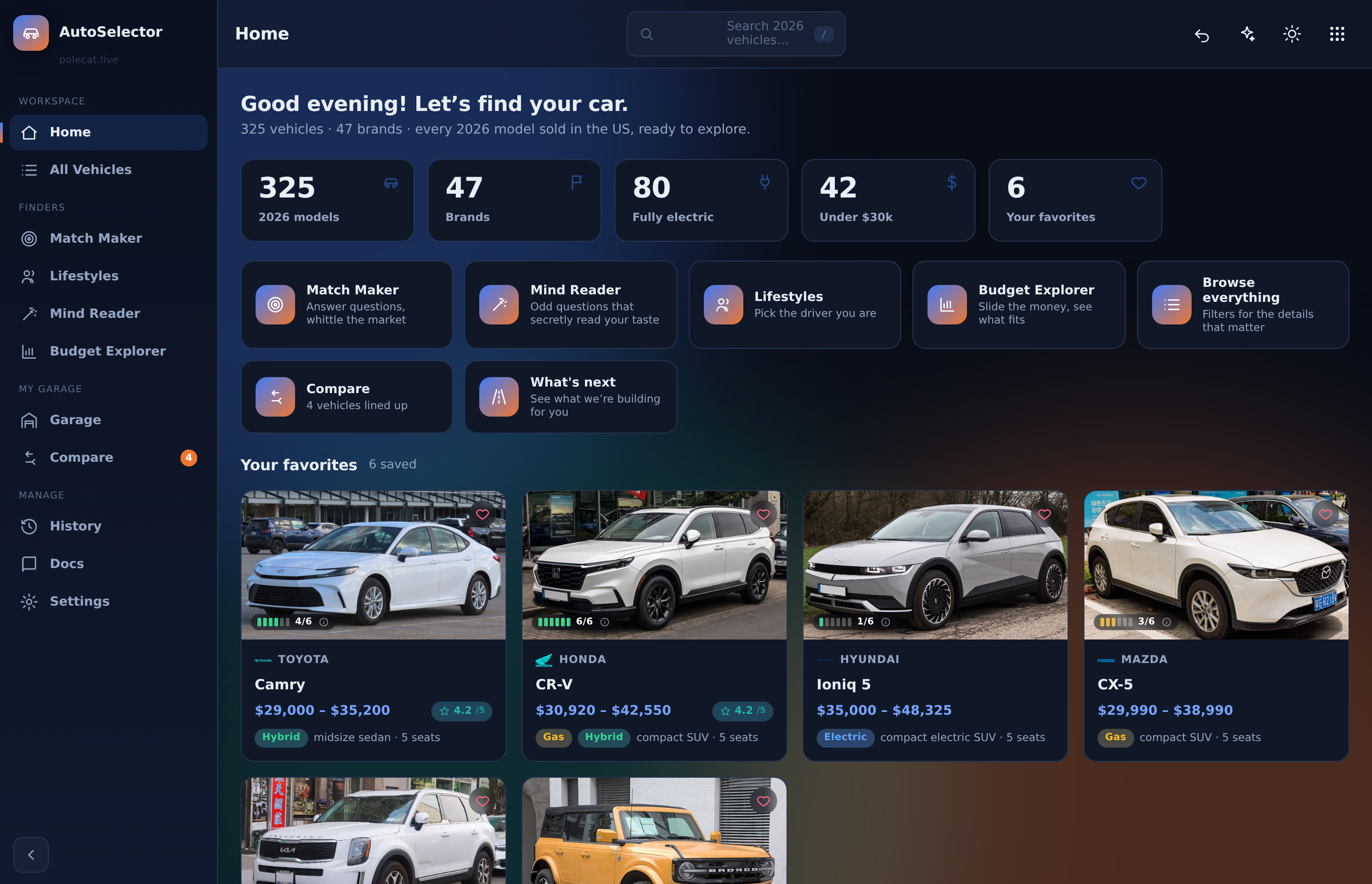 AutoSelector home: favorites, recents, quick actions and market stats