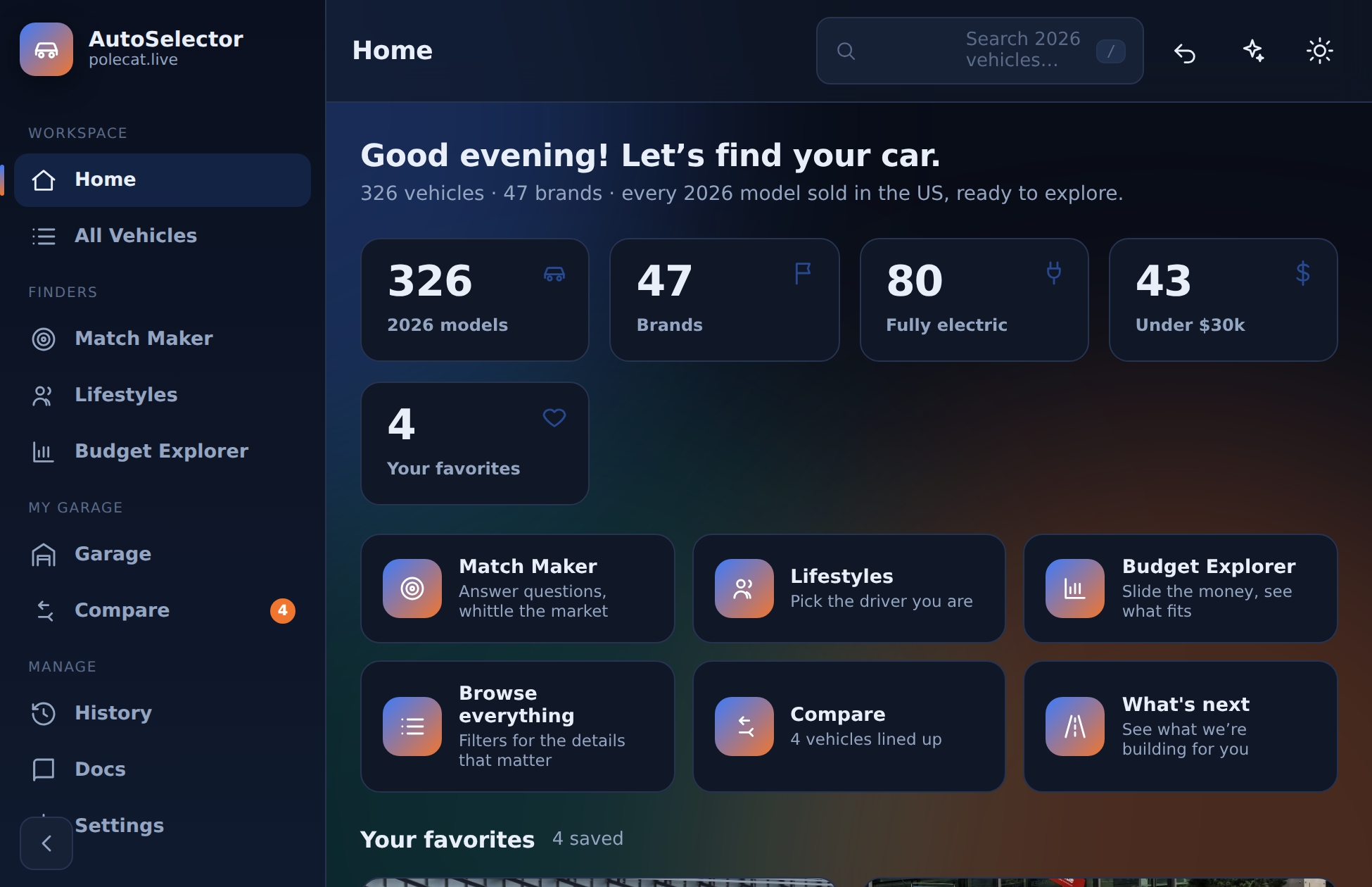 The AutoSelector home screen — favorites, finders, and the full 2026 catalog at a glance