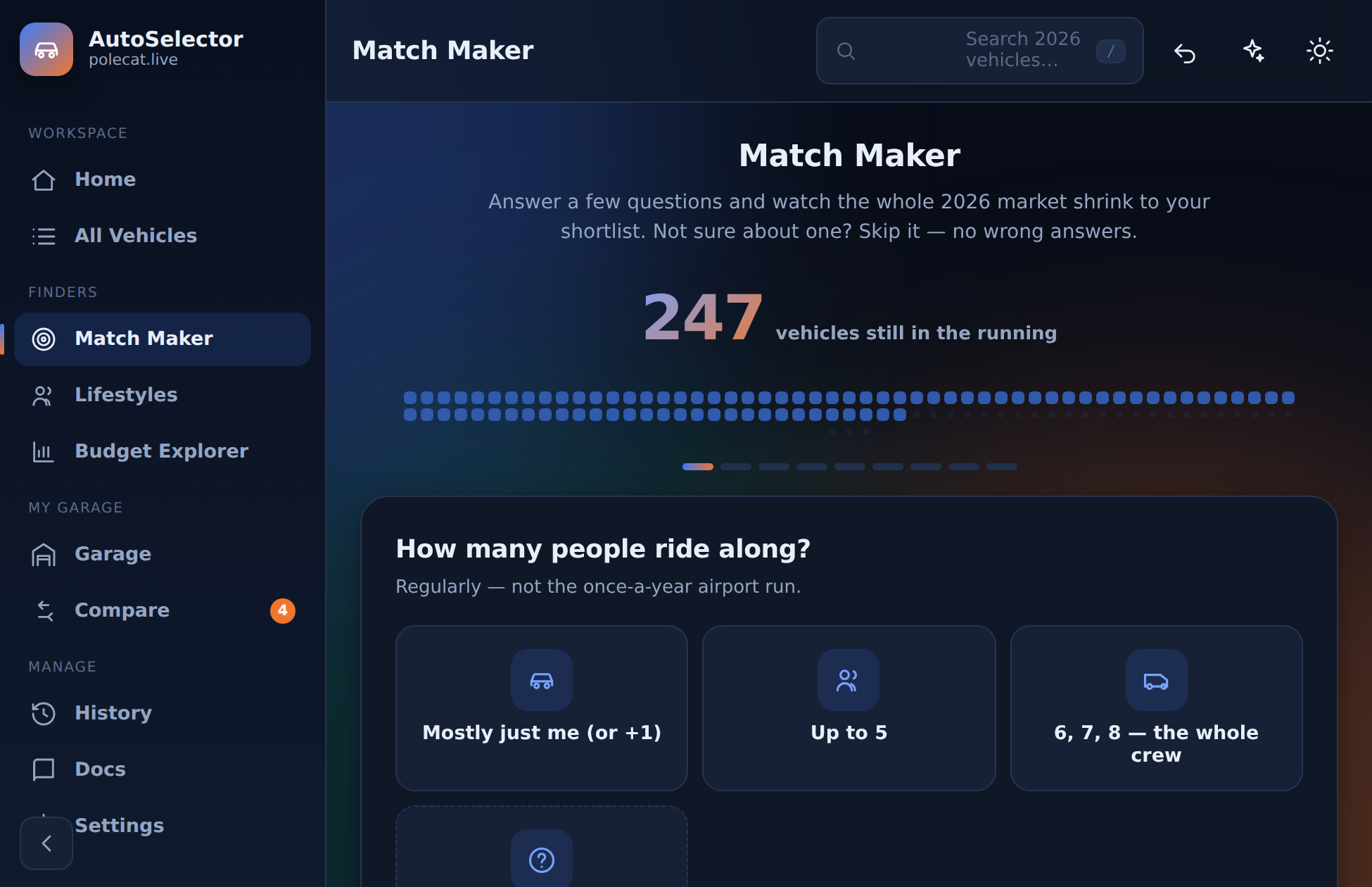 Match Maker question flow with a live shrinking counter