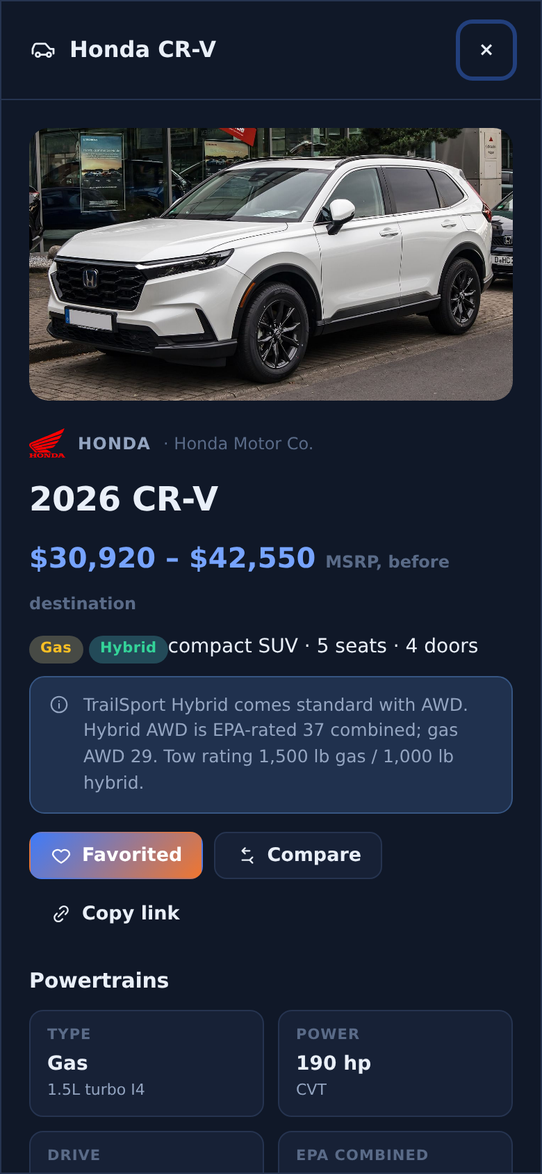 A vehicle page on a phone