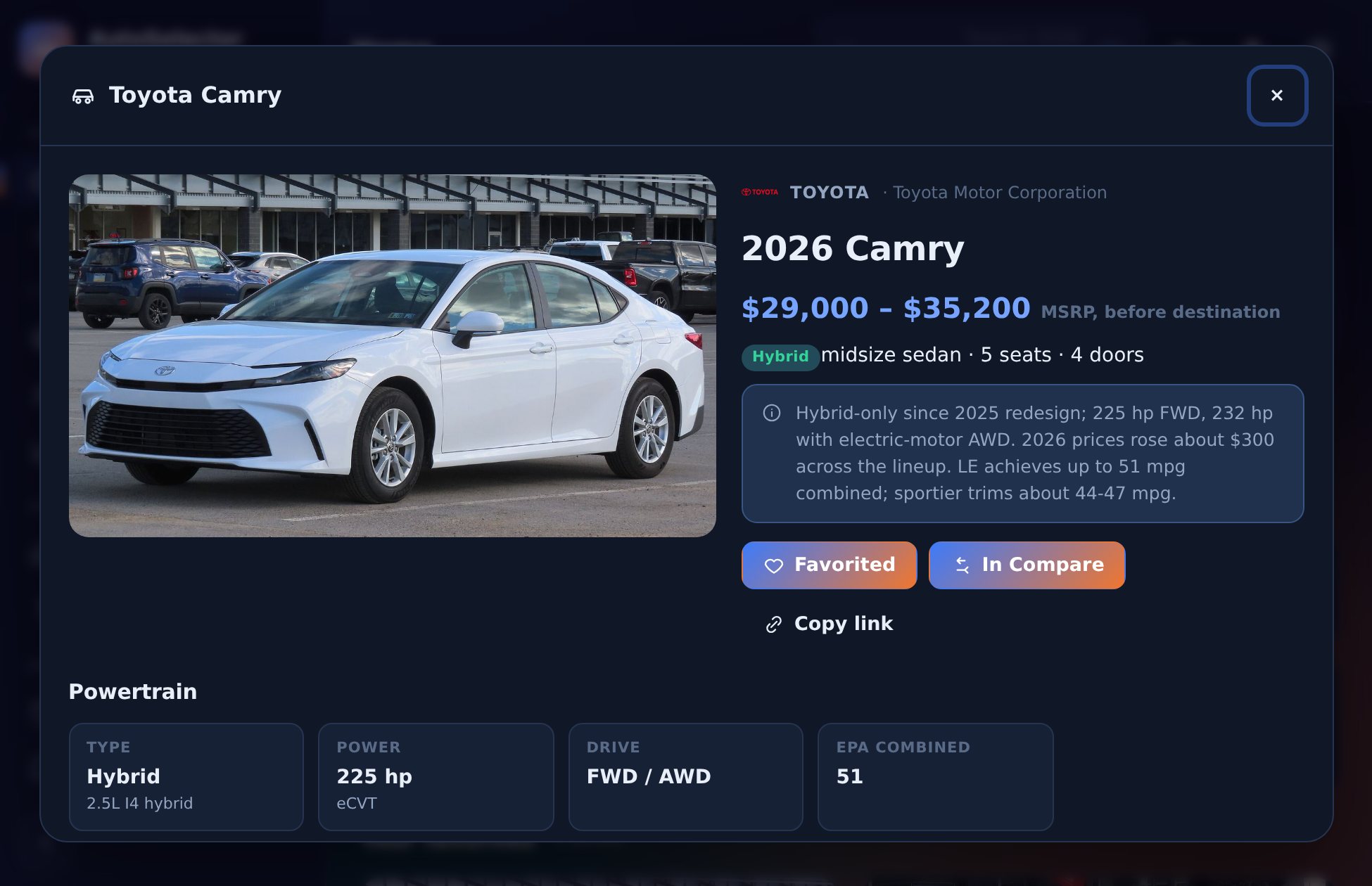 A vehicle detail page with full specifications